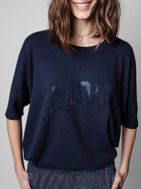 NWT $228 Zadig & Voltaire Portland Navy Amour Beaded Short Sleeve Sweatshirt